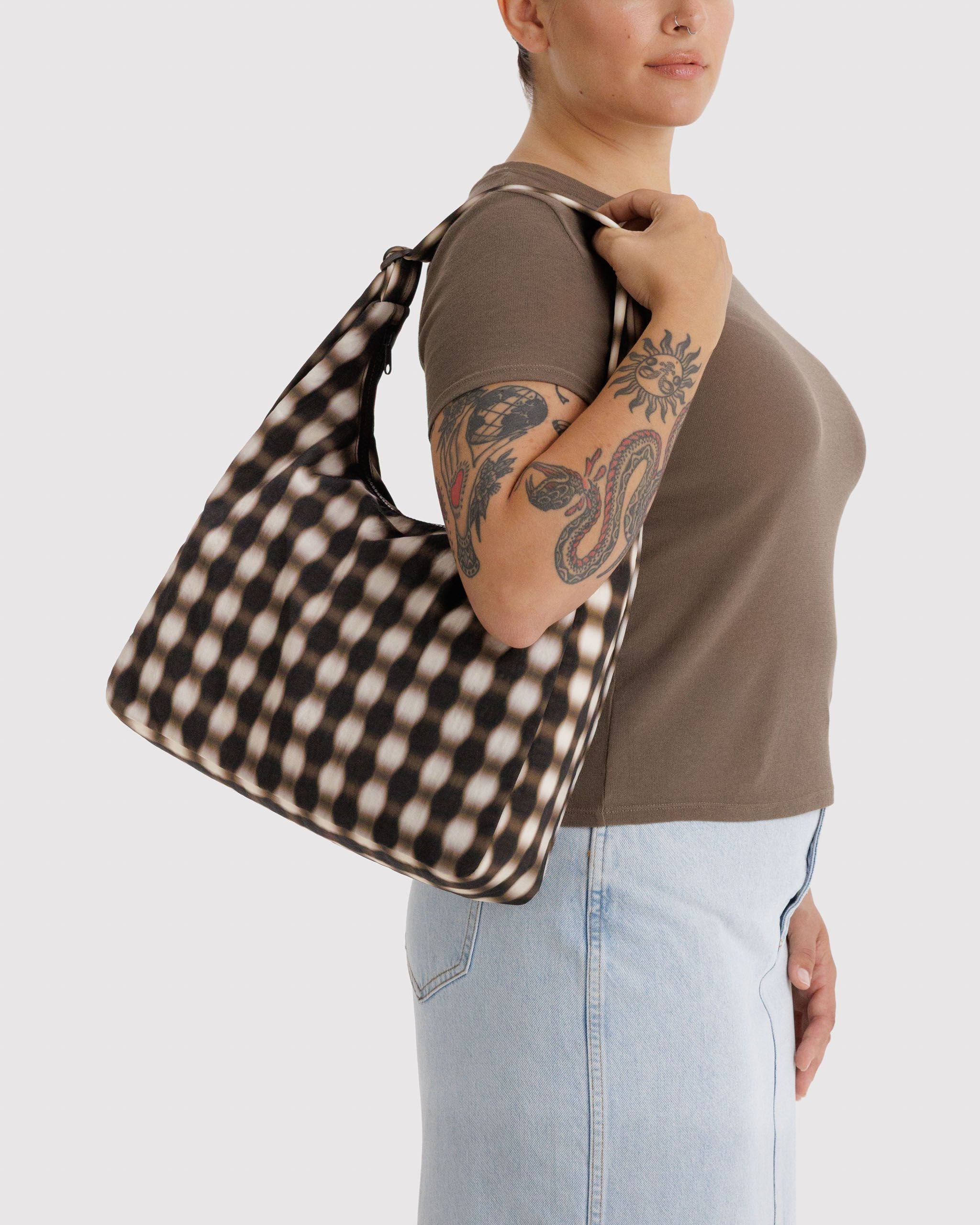 Nylon Shoulder Bag Blurred Gingham Brown BAGS
